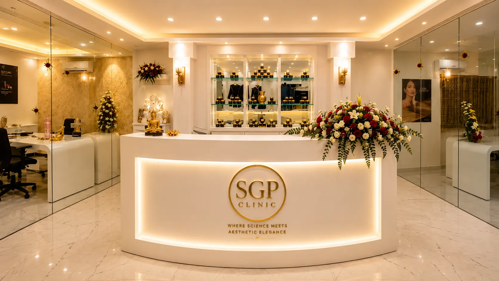 SGP Clinic reception with signature branded desk and floral arrangement