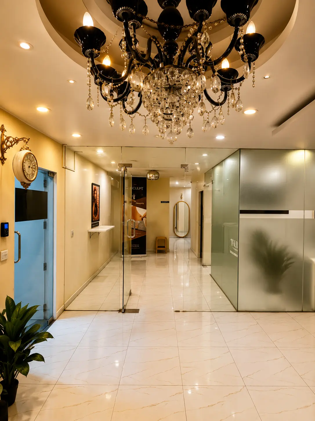 Chandelier and treatment corridor at SGP Clinic