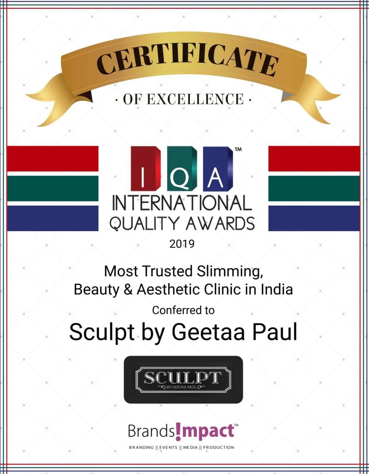 International Quality Awards 2019 certificate of excellence