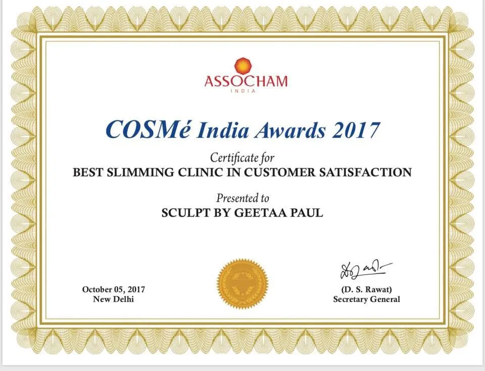 ASSOCHAM COSMé India Awards 2017 certificate for Best Slimming Clinic in Customer Satisfaction